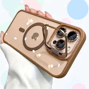 MagSafe 3-in-1 Metal Frame Smartphone Case - Foldable Magnetic TPU Acrylic Drop-Proof Hard Shell, Shockproof Protection Cover with Lens Protector, Screen Protector & Stand for iPhone 12/13/14/15 Plus/16 Pro/17 Pro Max, Wireless Cellphone Accessory