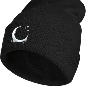 Warm Knitted Gothic Black Beanie with Sweet Romantic Crescent & Stars Embroidery, Skull Cap, Ideal Gift for Winter and Casual Wear