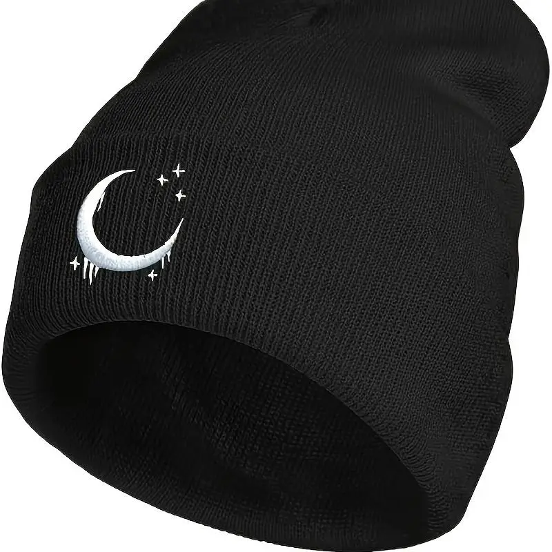 Gothic Embroidered Knitted Cap - Black Skull, Stars & Crescent Design, Warm Cotton, Pull On Snug, Winter Casual Wear, Ideal Gift, Skull Art Aesthetic, Knit Beanie Hats, Caps With Designs, Hand Wash Only