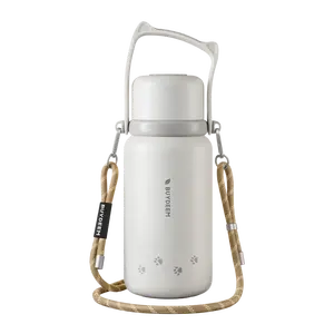 BUYDEEM 1050ml Large Capacity Insulated Tumbler with Cute Cat Design, Portable Outdoor Water Bottle for Tea Infusion, Hot & Cold, White S401