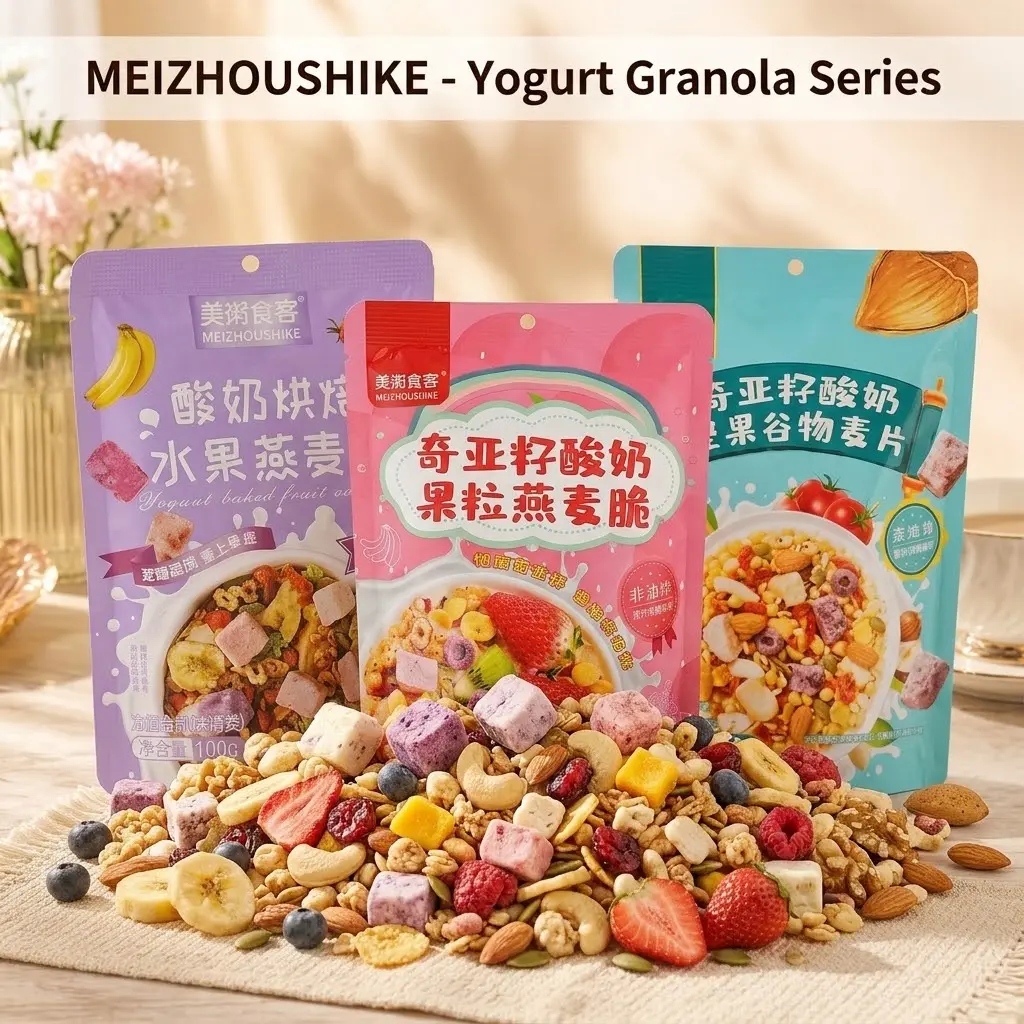 MEIZHOUSHIKE Crunchy Yogurt Granola Series 3.53oz - Non-Fried Baked Oatmeal Cereal with Freeze-Dried Yogurt Cubes, Chia Seeds, Dried Fruits & Nuts Healthy Breakfast Snack Muesli Instant Food