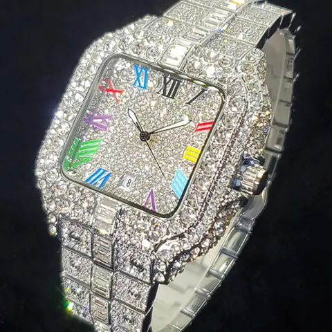 Men's Rhinestone Decorated Square Quartz Watch, Rhinestone Embellished Watch, for Men As Gift with Box, Square Dial, Stainless Steel Wristwatch, Rhinestone Watches