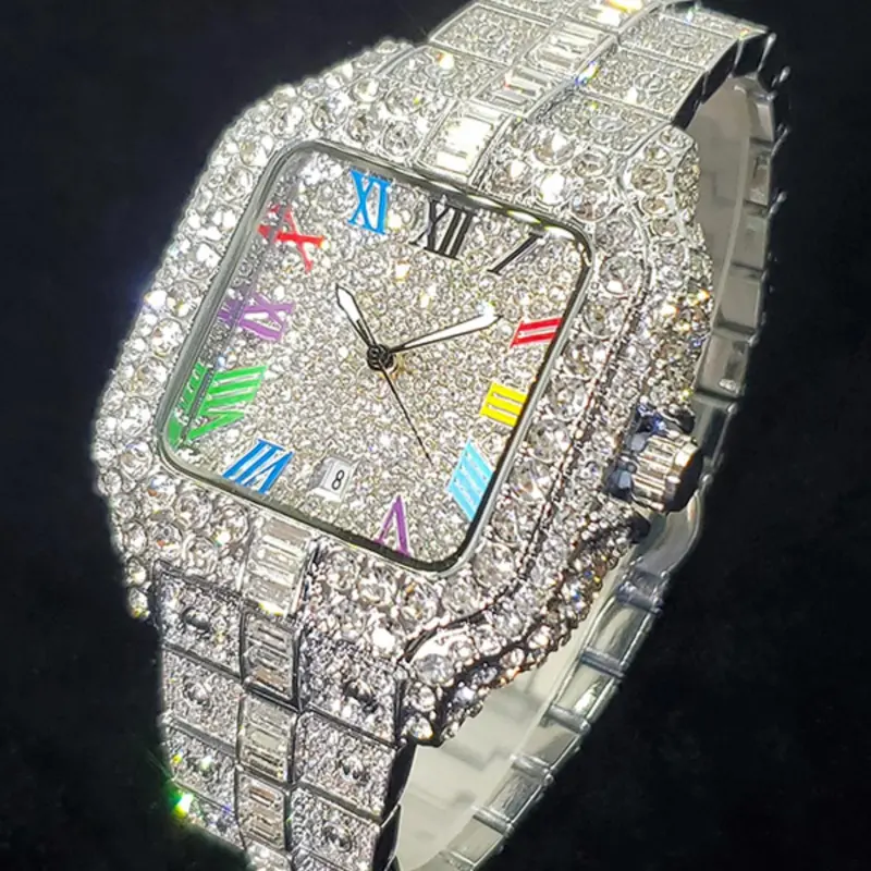 Men's Rhinestone Decorated Square Quartz Watch, Rhinestone Embellished Watch, for Men As Gift with Box, Square Dial, Stainless Steel Wristwatch, Rhinestone Watches