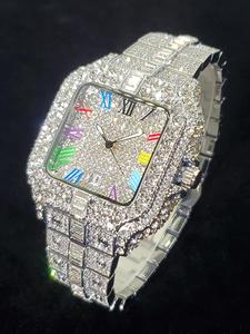 Men's Elegant Rhinestone Decorated Square Quartz Watch, Exquisite Trendy Wristwatch, Fashionable Watch for Men As Gift with Box