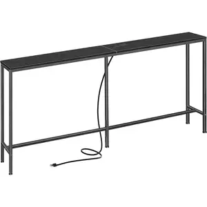 70 Inch Console Table with Outlet, Sofa Table with Charging Station, Narrow Entryway Table, Skinny Hallway Table, Behind Couch Table, for Living Room, Black