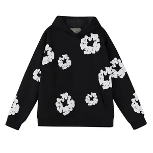 Trendy Hot D-Denim T-Tears Black White Floral Unisex Baggy Streetwear Pullover Hoodie and Sweatpants with Pockets 2 Sides, Couple Matching Streetwear Long Sleeve Hooded Sweatshirt