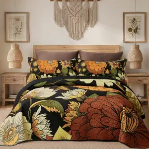 Tyrot 3 Piece Boho Floral Quilt Sets Farmhouse Botanical Reversible Lightweight Bedspread Coverlet with 2 Shams Mid Century Leaves Microfiber Bedding Quilts Set for All Season