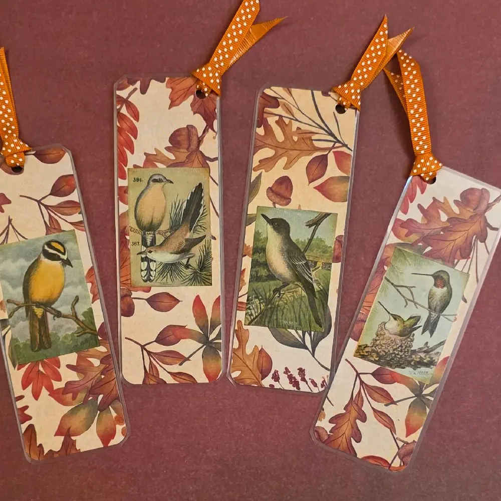 Fall Themed Bookmarks with Bird Illustrations and Autumn Leaves Design Featuring Orange Polka Dot Ribbons