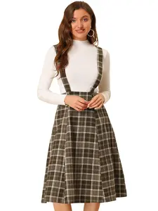 INSPIRE CHIC Plaid Overall Dress High Waist A-Line Tartan Suspender Midi Skirt Brown Plaid
