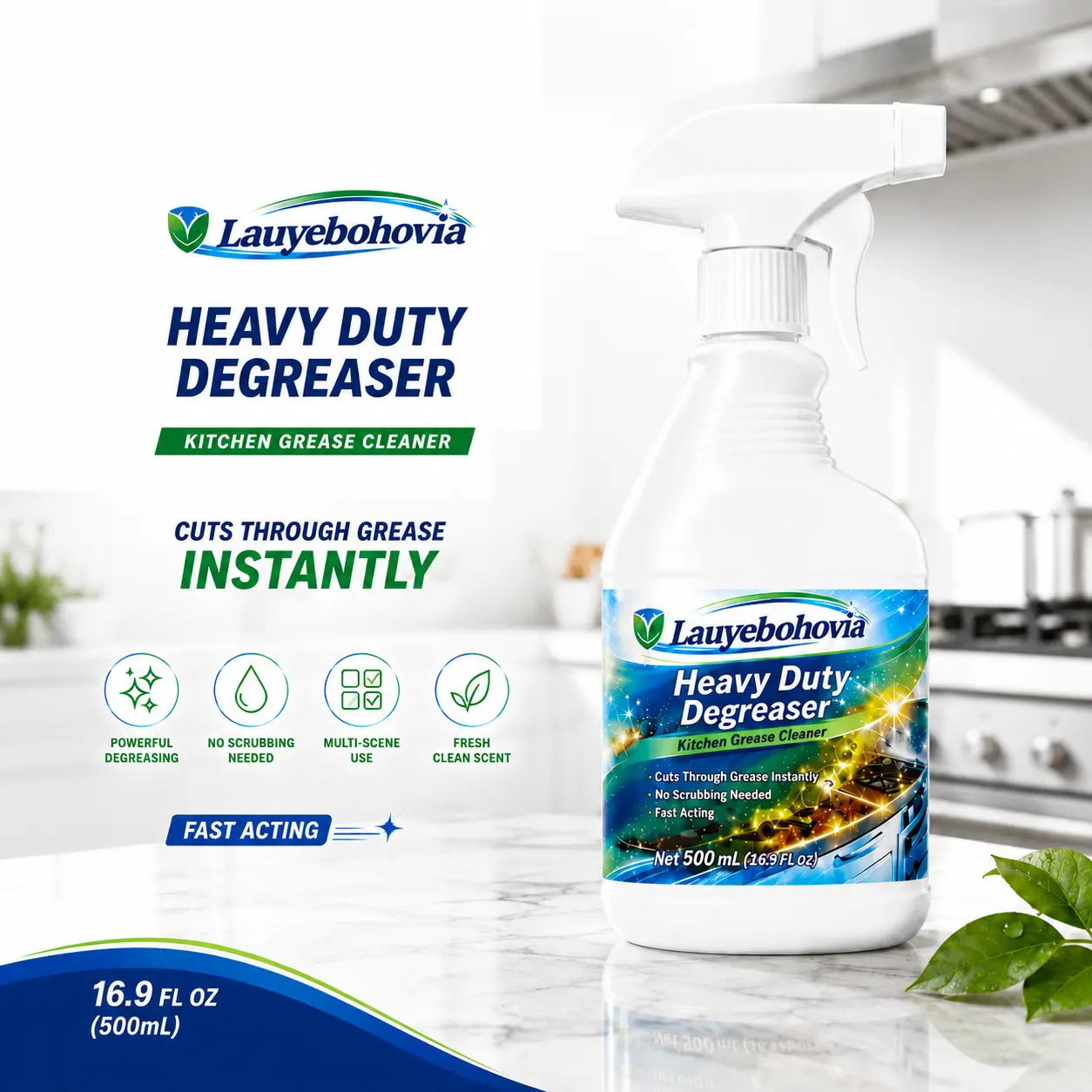 Heavy Duty Kitchen Degreaser Spray, Powerful Grease Remover with Fresh Lemon Scent, 16.9 fl oz (500ml)