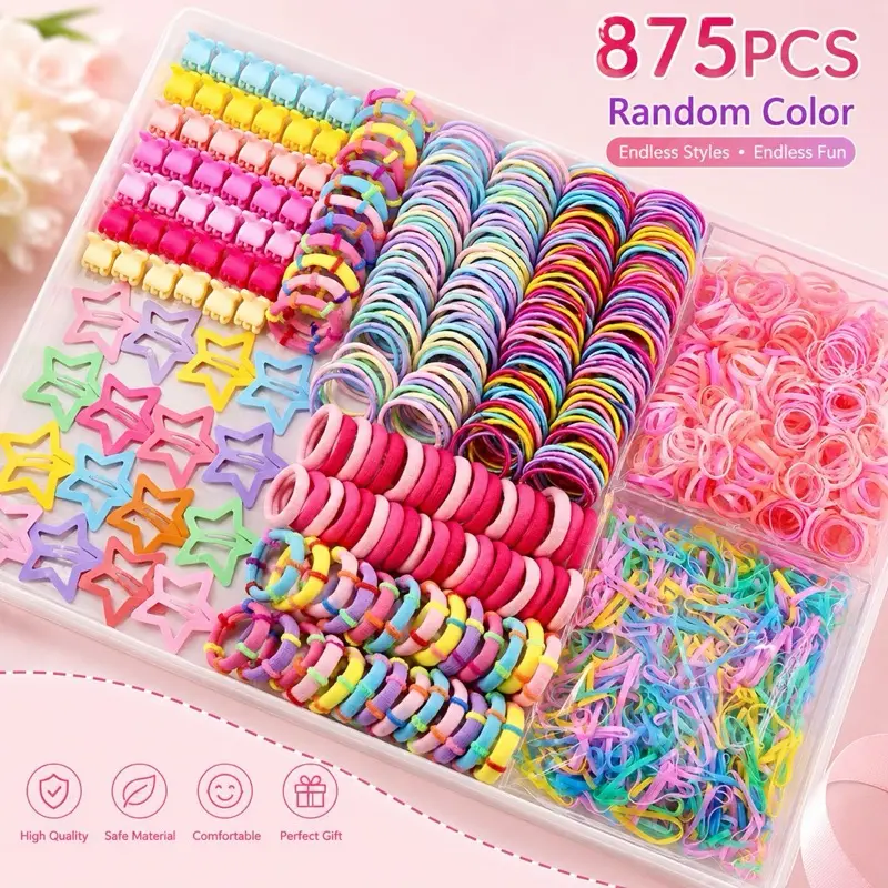 875-Piece Kids Hair Accessories Set Random Colors Soft Stretchy Clips Ties Bands for Ponytails Braids Buns Creative Hairstyles Perfect Gift