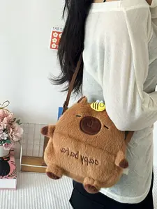Capybara Cartoon Water Buffalo Shoulder Bag, Soft Faux Fur Zipper Closure, Coffee & Plush Animal Face Design, Daily Carry, Casual Crossbody Bag