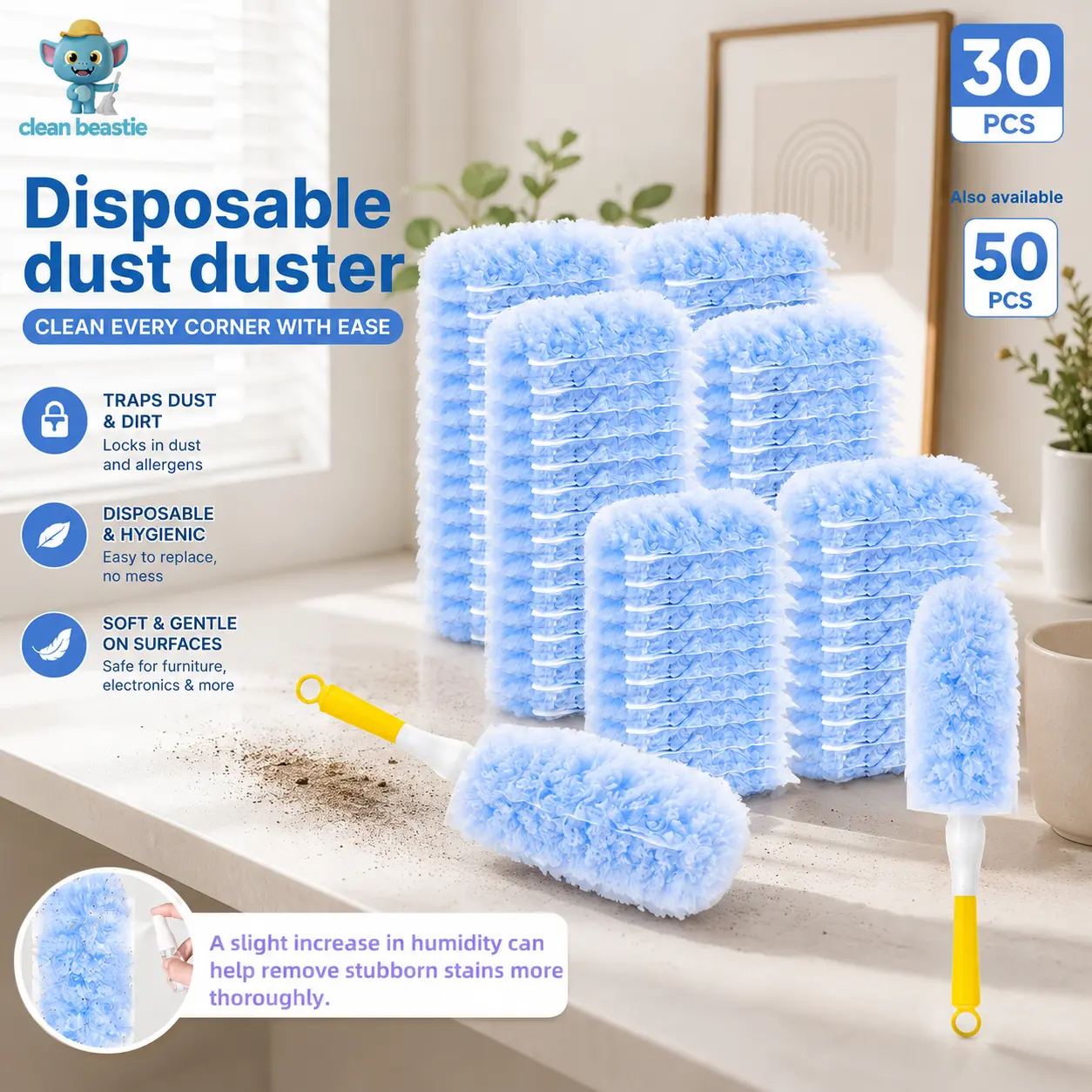 30 Pack Disposable Duster Refills with Handle, Electrostatic Microfiber Dust Cleaner for Furniture, Blinds, Ceiling Fans & Hard-to-Reach Areas | Clean Beastie