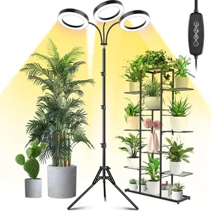 Grow Light for Indoor , 7.9" Diameter Tri-  Light for  Growing, Full  Growth Lamp with Auto Timer 3/6/12H, 4 Dimmable Levels, 3 Lighting Modes, Adjustable Stand
