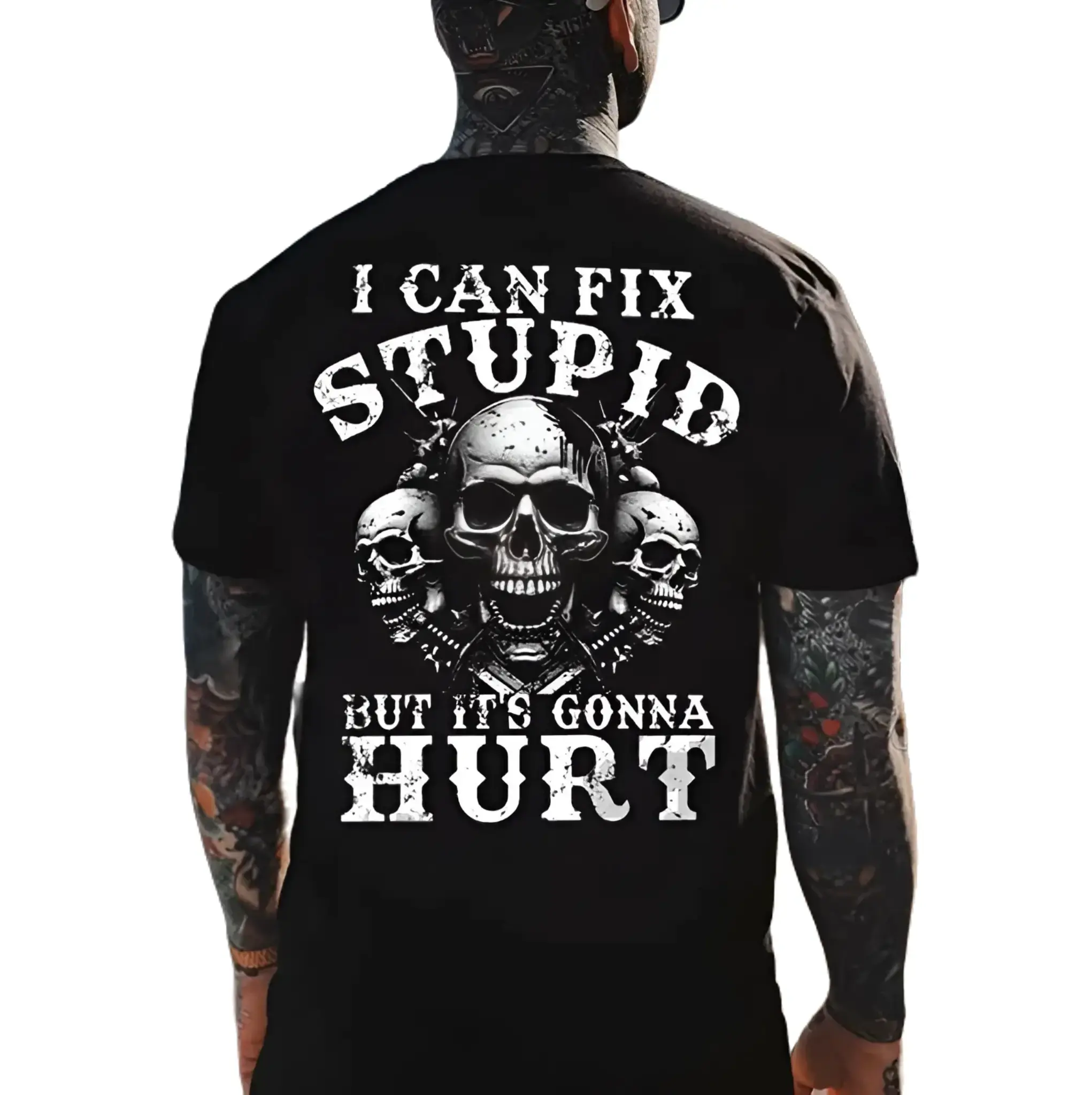 Gildan Men's 100% Cotton Fitted Short Sleeve Round Neck Graphic T-Shirt - "I CAN FIX STUPID BUT IT'S GONNA HURT" Skull Print, Casual Streetwear Top, Tshirt, Shortsleeve