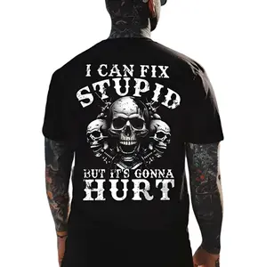Gildan Men's 100% Cotton Fitted Round Neck Graphic T-Shirt - "I CAN FIX STUPID BUT IT'S GONNA HURT" Skull Print, Menswear Casual T-Shirt, Streetwear Top, Tshirt