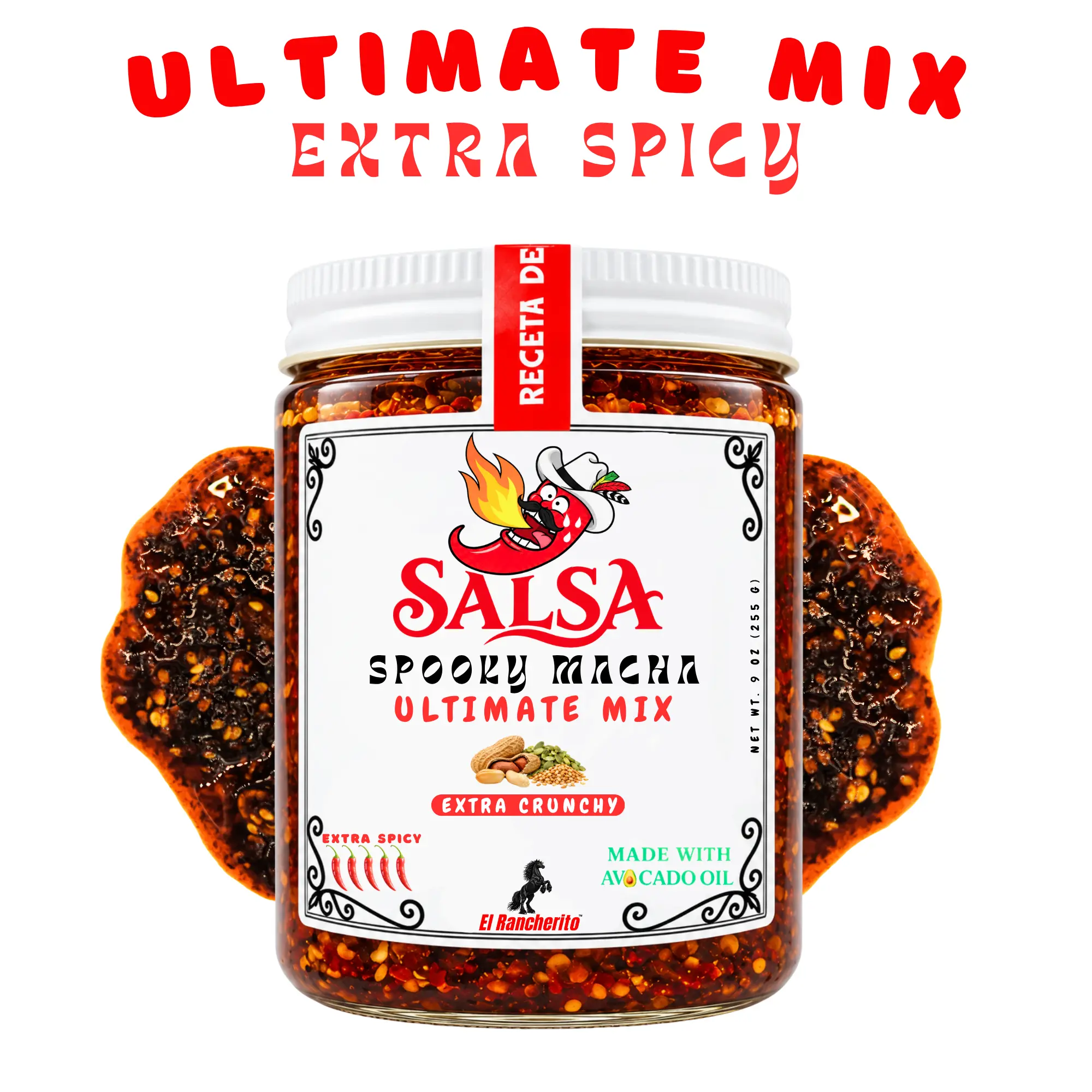 El Rancherito Salsa Macha Ultimate Mix Sauce - 9 oz Very Spicy Flavor Mexican Chili Crisp with Avocado Oil, Garlic, Peanuts, Pumpkin Seeds, Sesame, Real Ingredients, Room Temp Storage