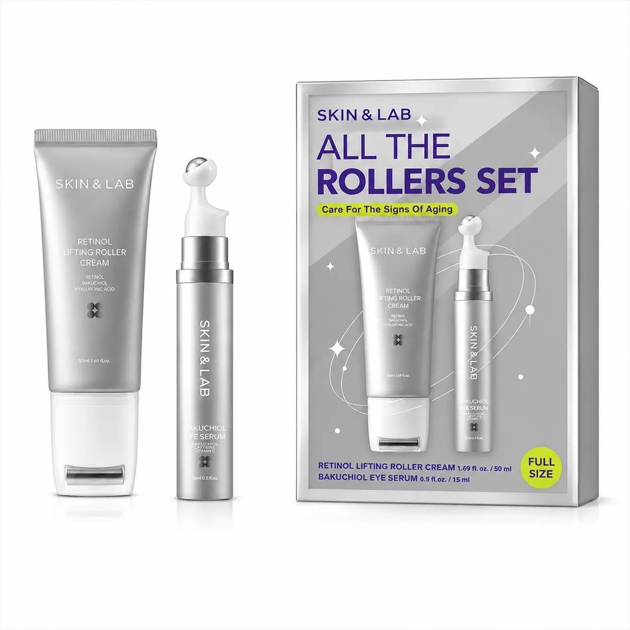 SKIN&LAB Anti-Aging Roller Duo Set, Retinol Lifting Face & Neck Cream and Bakuchiol Eye Serum with Cooling Rollerball, Korean Vegan Skincare Gift Set for Women