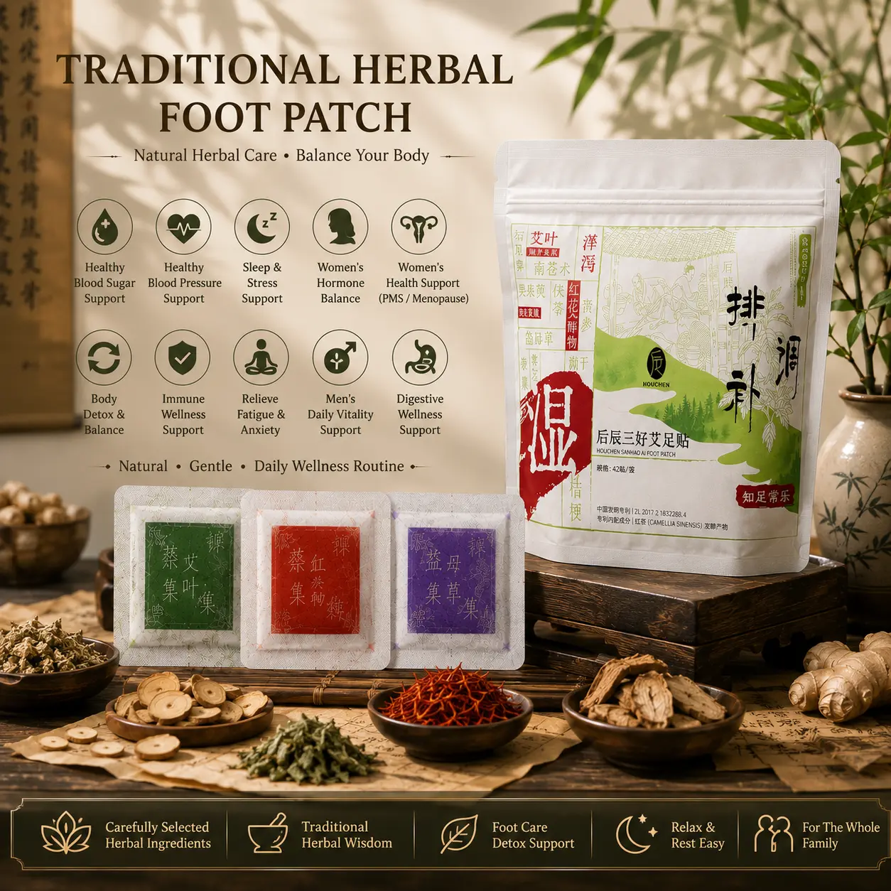 42 Pcs Traditional Chinese Herbal Foot Patches – 3-Color Herbal Formula, Overnight Foot Care for Relaxation, Body Balance & Daily Wellness