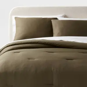 Full/Queen Washed Cotton Sateen Comforter and Sham Set Dark Olive Green - Threshold: 250 Thread Count, OEKO-TEX Certified