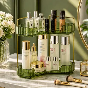 Makeup Organizer for Vanity, 2-Tier Corner Bathroom Organizer Countertop with Makeup Brush Holder, Corner Counter versatile Storage solution for Bathroom Dresser- Green