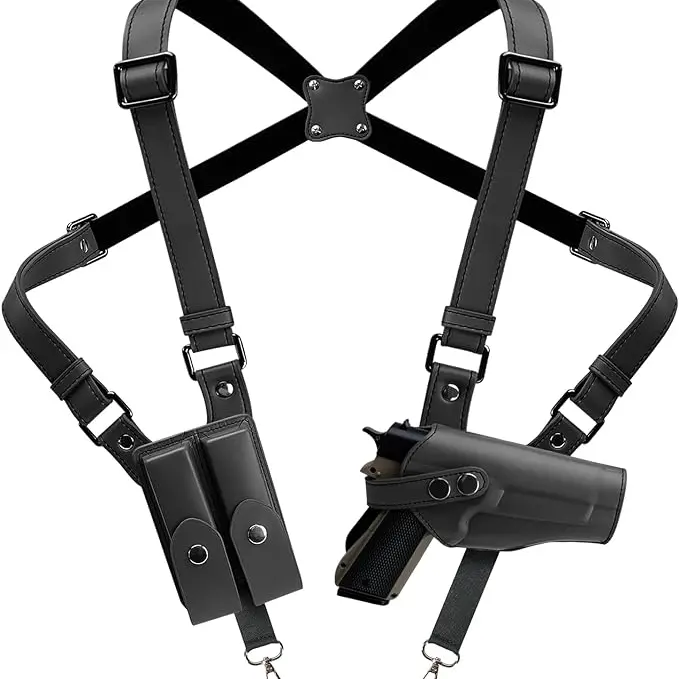 Premium Genuine Leather Universal Shoulder Holster - 4-Point Pivoting Harness, Safe, Adjustable Strap, Comfortable Unisex Hunting Gun Accessory, 2 Pockets, Fits 13-23 Inches Handguns, Concealed Carry, Pirate Costume Role Play