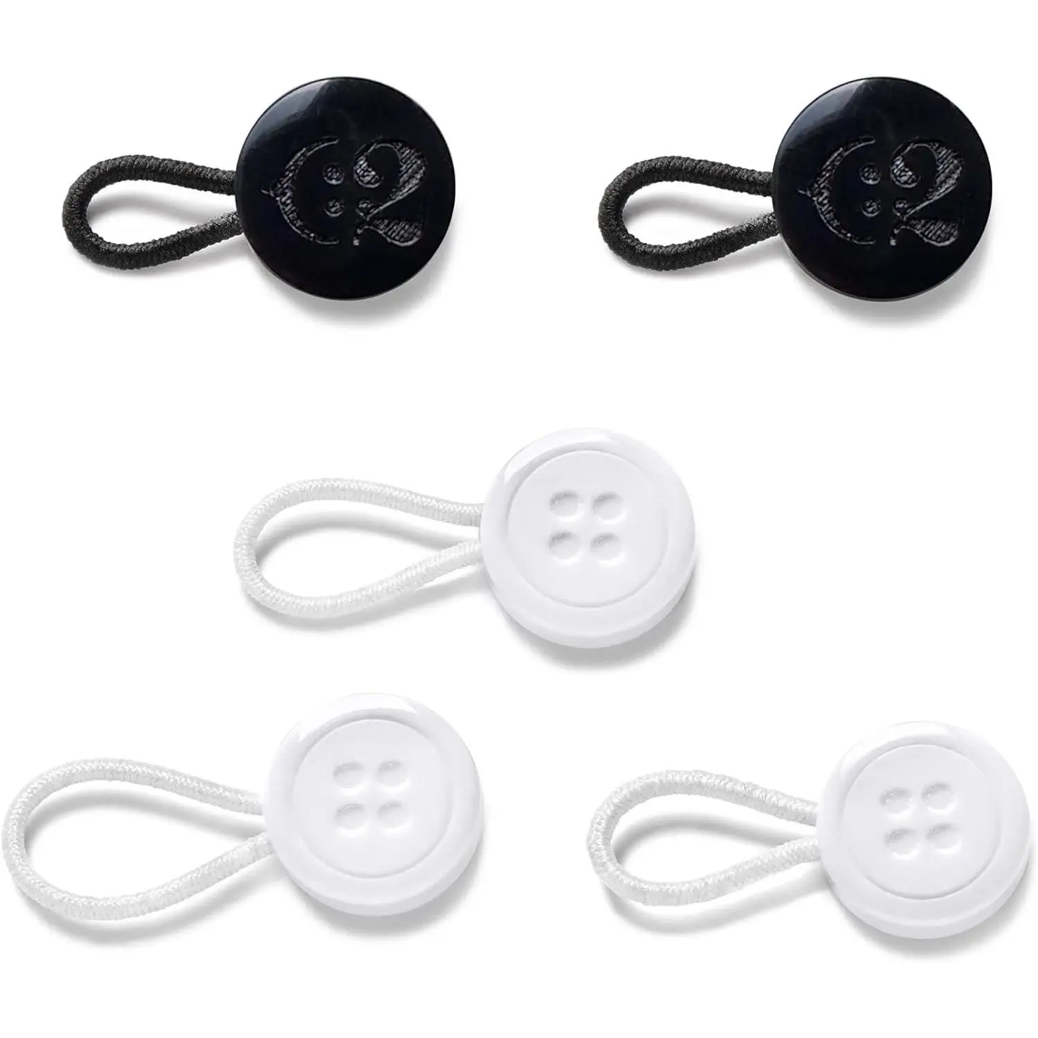 5 count  Sizes Shirt Button Extenders White & Black - Adds up to 3 sizes (1.75cm to 2.75cm), 11.4mm Diameter Buttons (18L) - Elastic Cufflink and  Button Extensions (Small, Medium, Large)