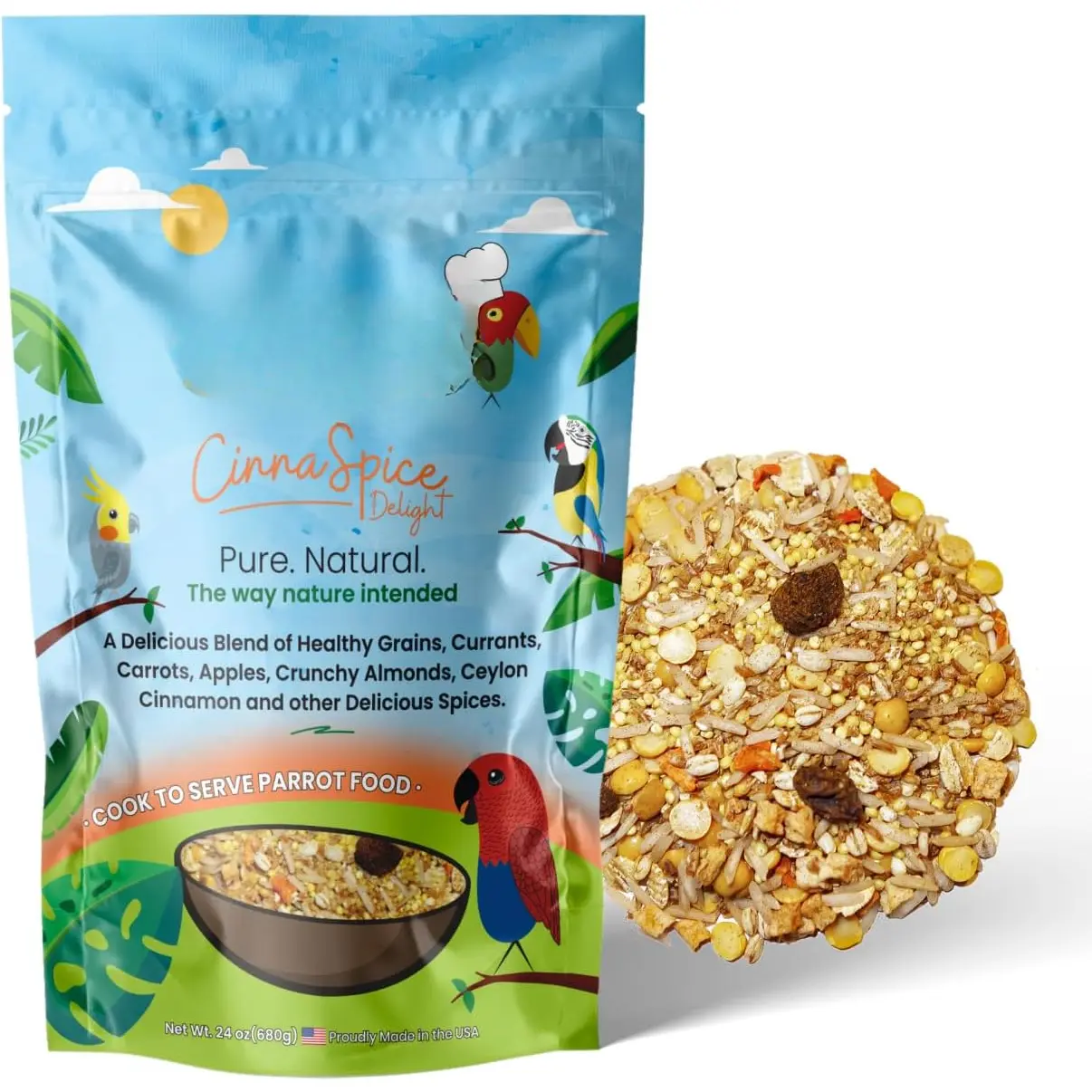 Parrot Food - Parakeet & Cockatiel Food - Cooks in 3-15 min w/ &  Grains, Legumes, Non-GMO Fruits, Vegetables & Healthy Spices