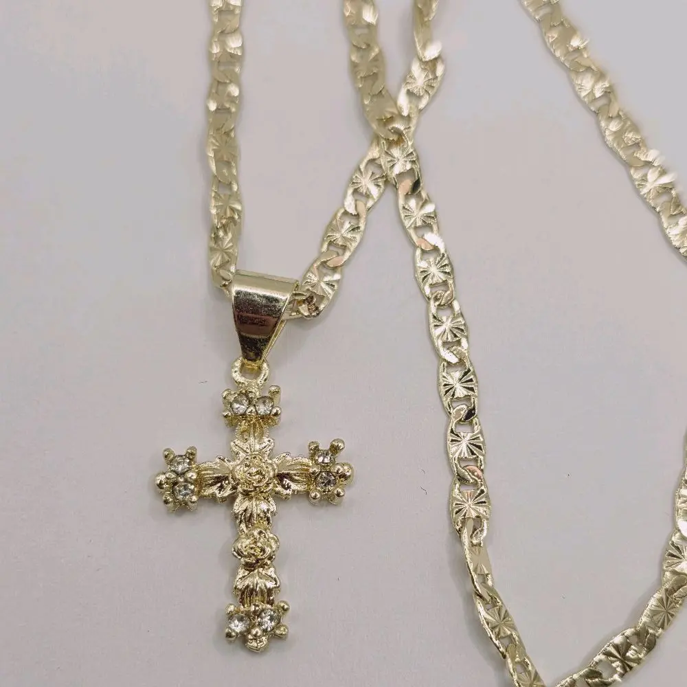Cross With Rose's  Gold color  beautiful necklace gold-plated regular chain style 18"inches smallest Religious Jewelry