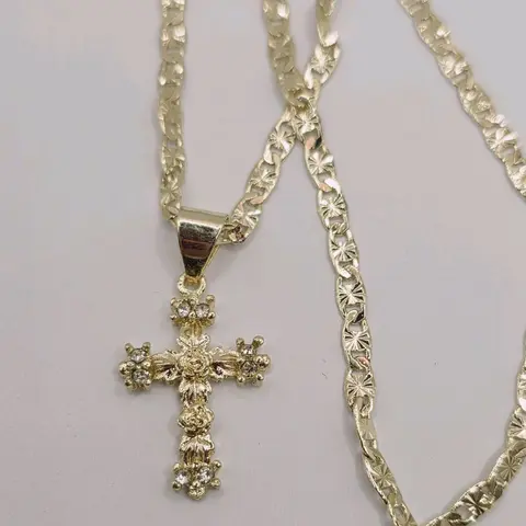 Cross With Rose's  Gold color  beautiful necklace gold-plated regular chain style 18"inches smallest Religious Jewelry