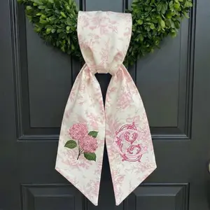 Personalized Hydrangea Wreath Sash – Toile Fabric Embroidered Floral Front Door Decor. wreath sash, monogram door decor