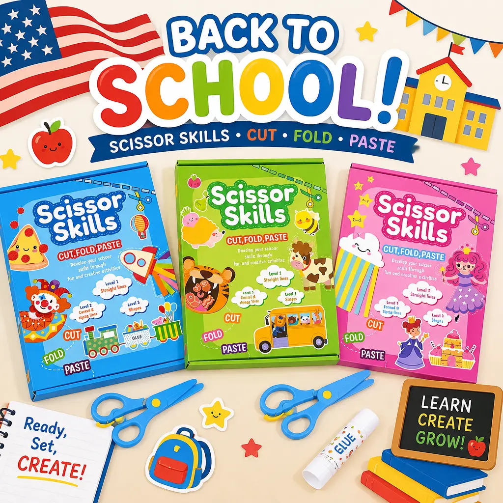 Scissor Skills Activity Kit for Kids Ages 3+, 25 Cutting, Folding & Pasting Activities, 3 Skill Levels, Activity Book with 2 Pairs of Scissors & Glue Stick