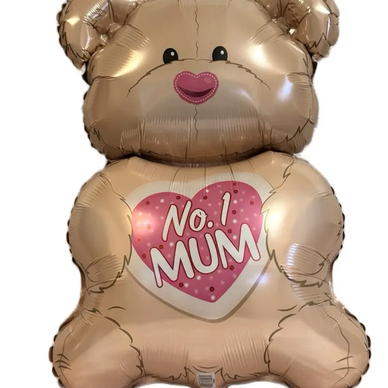 No. 1 Mum Teddy Bear Balloon 35 Inches, Brown with Heart Design and "No. 1 MUM" Text, Brand New Ready to Ship