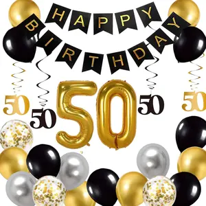 Black & Gold 50th Birthday Party Decorations - Happy Birthday Banner, Number 50 Foil Balloon, Black & Gold Decorations Supplies