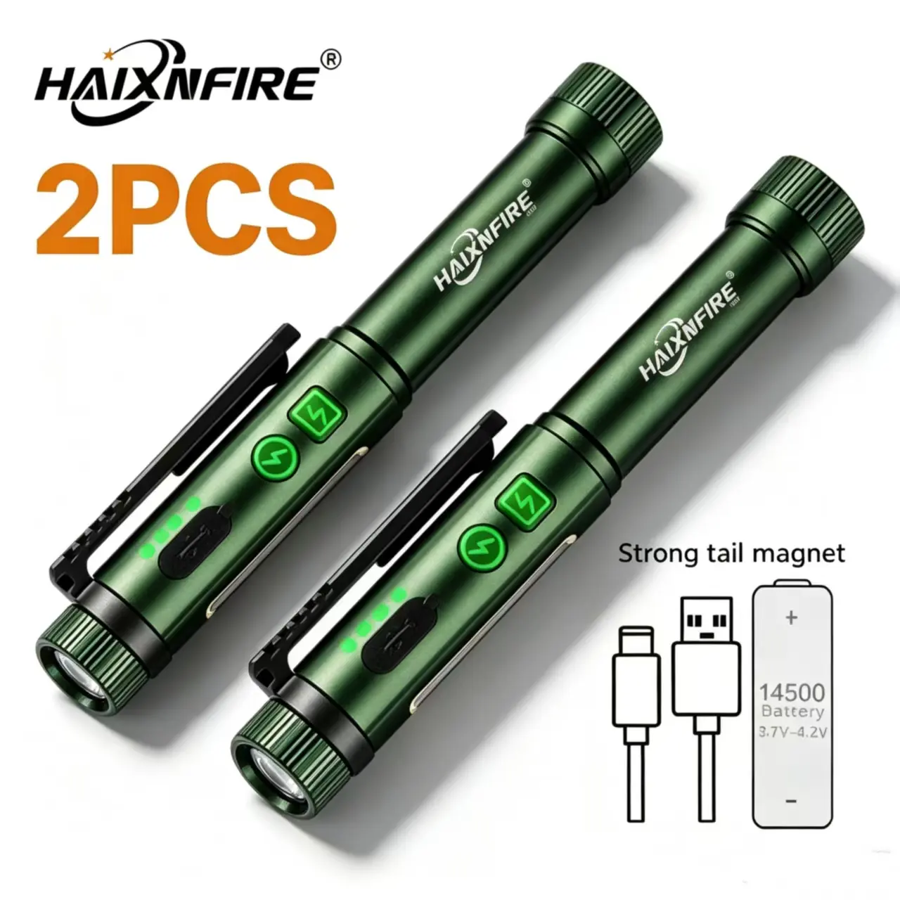 Haixnfire P26 Pen-Style Flashlight (2-Pack) — High-lumen rechargeable design featuring a COB side light and 8 lighting modes; includes a magnetic clip and compact aluminum alloy body; suitable for work and automotive repairs; supports USB charging.