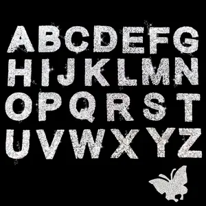 26 Pcs Iron on Letters with butterfly, Glitter Resin Rhinestone Letters, Crystal Iron on Letters for Clothing, Art & DIY Works