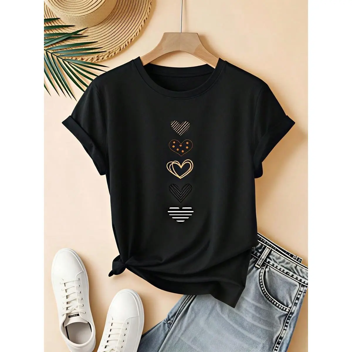 Casual Women's T-Shirt, Heart Pattern Design, Pure Cotton T-Shirt, Summer Wear, Valentine's Day Gift, For Her