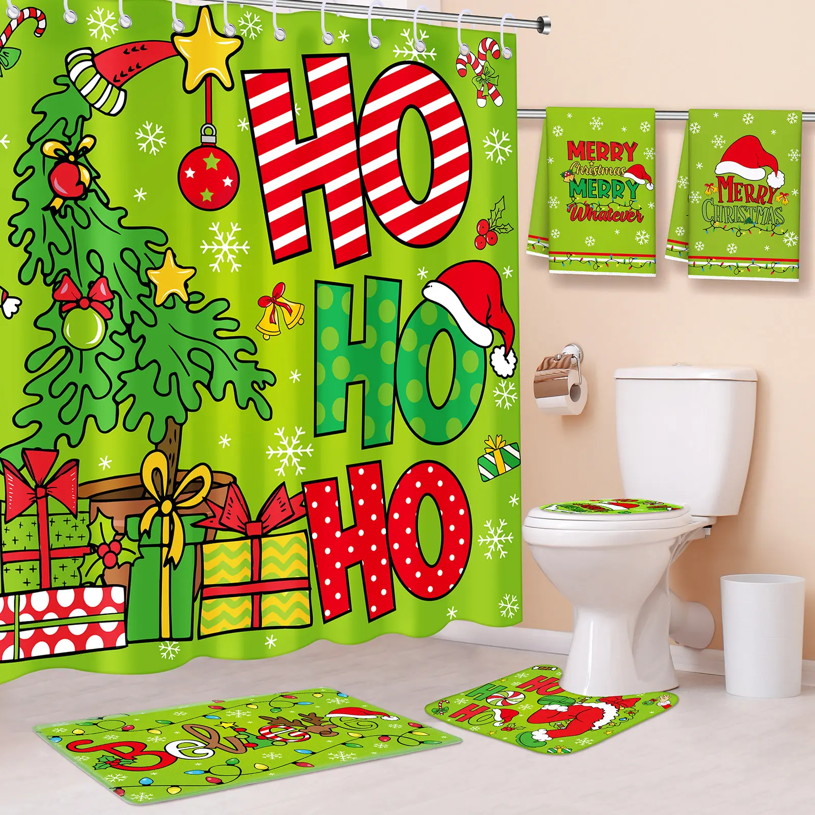 Christmas Bathroom Decor Naughty Bathroom Makeover 72x72 inch Green Waterproof Shower Curtain & Non Slip Rugs & Toilet Lid Cover Guest Bathroom Decor HO HO HO Holiday Bathroom Styling Christmas Decorations Decorate with Me Christmas Cozy Vibes Xmas Gifts
