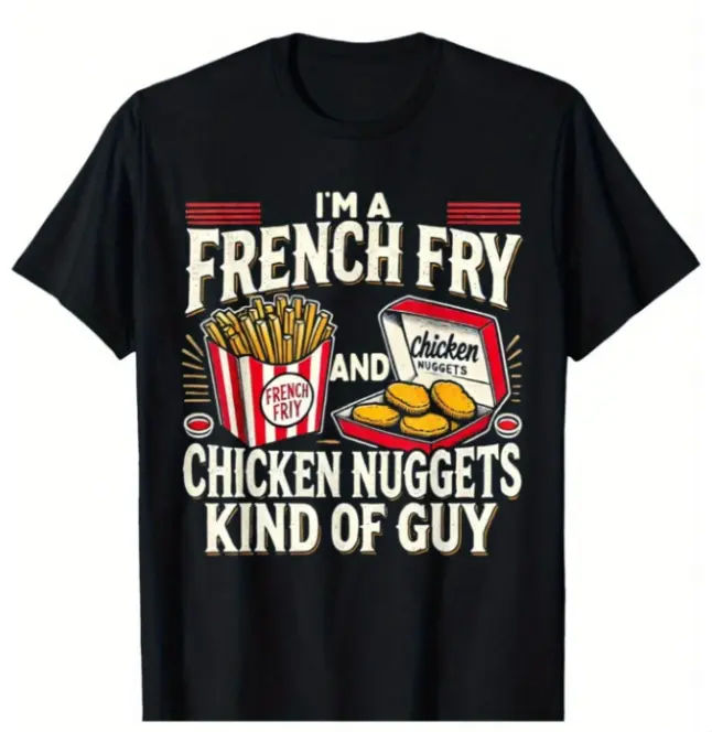 Must Have Junk Food Vibe Unisex Loose Cotton Tee Fry Nugget Guy Pun Casual Retro Print Suitable For Weekend Leisure Streetwear Comfort Oversized Summer Short Sleeve