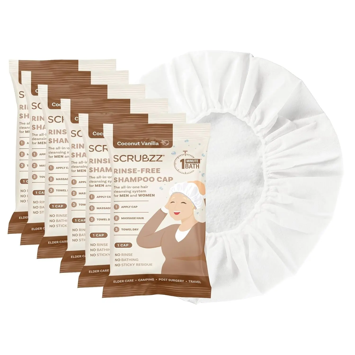 12-pack Scrubzz Shampoo Caps No Rinse for Elderly and Bedridden Patients, Rinse Free Shampoo Caps for Post Surgery and Hospital Stays, Waterless Hair Washing Shower Caps - Coconut Vanilla