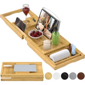 Foldable Bathtub Caddy Tray for Tub,Bamboo Expandable Bath Table Trays,Premium Bathroom Accessories for New Home & Mothers Day & Birthday Gifts for Couples,Natural
