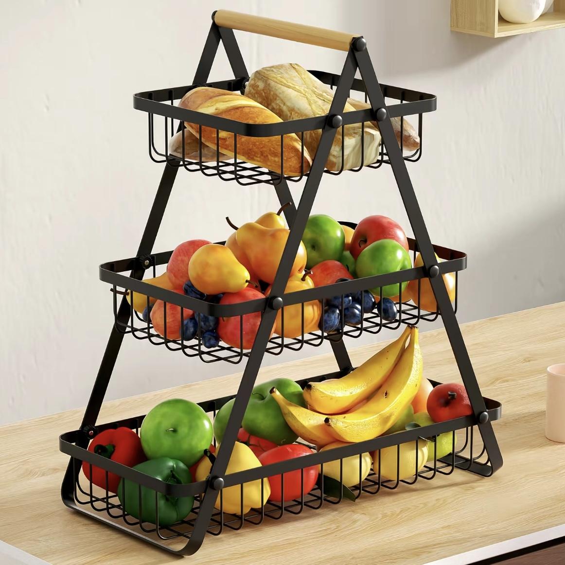 3-Tier Fruit Basket Stand with Wooden Handle, Metal Wire Storage Rack for Fruits, Bread, Snacks & Vegetables, Large Capacity Kitchen Counter Organizer, Space Saving Tiered Food Storage Rack, Home Kitchen Decor