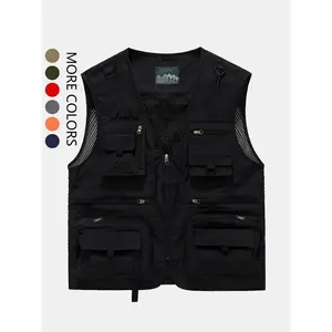 Men's Solid Multi-pocket Zipper Gilet, Loose Casual Street Fashion Hollow Out V Neck Vest Jacket for Spring & Summer, Men's Black Clothes for Daily Wear