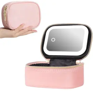 Mini Makeup Bag with LED HD Mirror, Portable Travel Cosmetic Box, Fashion / PU Leather Storage Bag with Zipper, Makeup Organizer Pouch, Handheld Cosmetic Pouch, Travel Cosmetic Bags