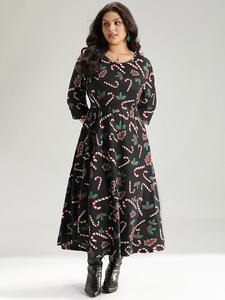BLOOMCHIC Christmas Print Pocket Elastic Waist Dress Casual Fit Long Sleeve Round Neck Midi Dress for Women Black Graphic-Christmas Pattern - Boho Fashion Ruched parijan outfits sydney sweeney sheer dress