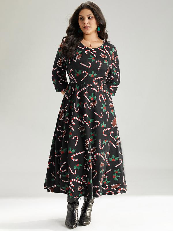 BLOOMCHIC Christmas Print Pocket Elastic Waist Dress Casual Fit Long Sleeve Round Neck Midi Dress for Women Black Graphic-Christmas Pattern - Boho Fashion Ruched parijan outfits sydney sweeney sheer dress