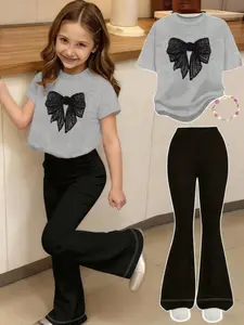 Youth Girls Casual Outfit Set Minimalist Butterfly Print Short Sleeve Round Neck T-Shirt & Bell Bottom Pants Set