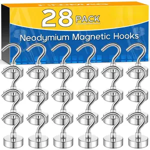 Magnet Hooks, 25 LB Neodymium Magnetic Hooks for Cruise Cabins, Strong Metal Hooks for Cruise Ship Walls, Locker, Toolbox, Storage, Grill, Towel, Magnetic Ceiling Hooks, 28 Pack, Silver