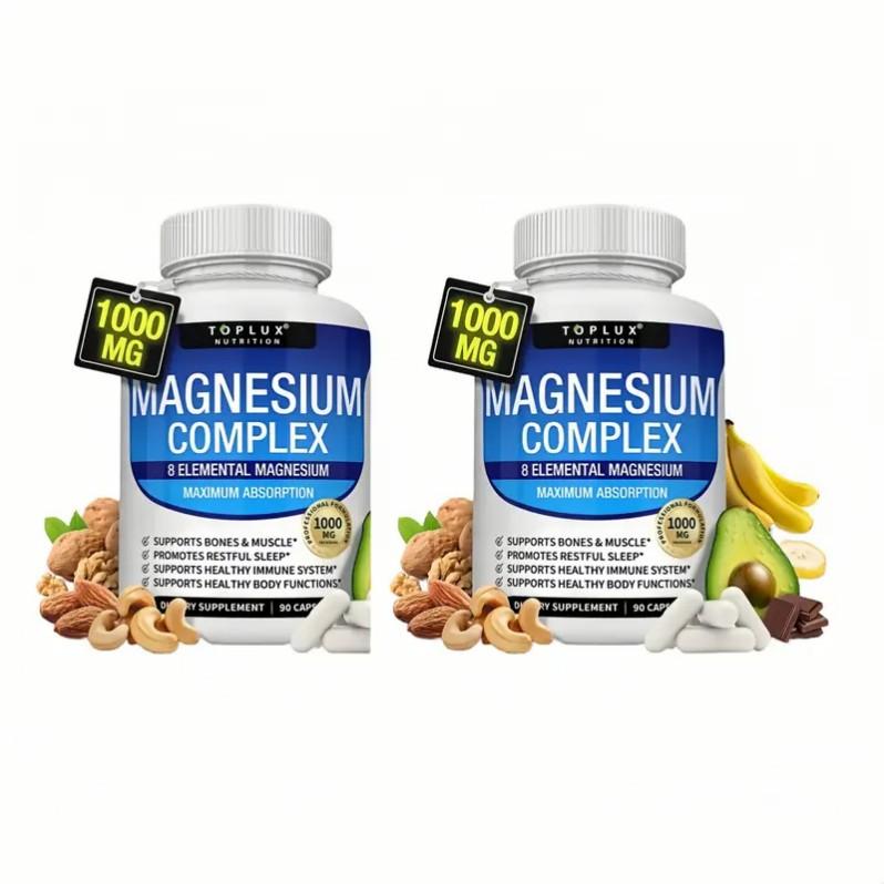 （Flash Sale 3 bottles） TopLux Nutrition Magnesium Complex 1000mg 90 Capsules 7 Elemental Sources Men Women Bone Muscle Sleep Immune Support Nature Decent Fitness Dietary Supplement Malate Taurate Chelated for