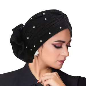 Elegant Black Pleated Turban with Pearl Embellishments - Stylish Women’s Head Wrap Beanie, Lightweight & Versatile for All Seasons, Perfect for Parties & Holidays